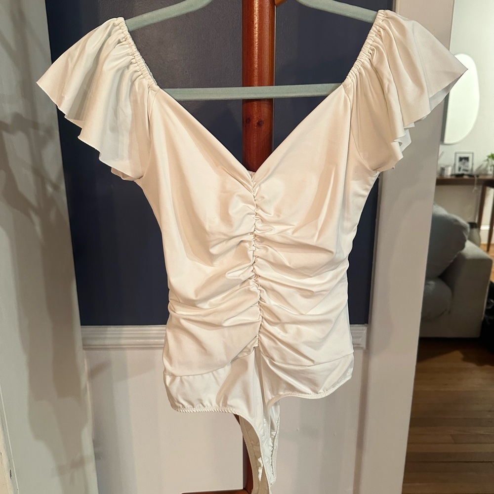 Lulu's White Ruched Bodysuit with Ruffle Sleeves - Picture 6 of 6